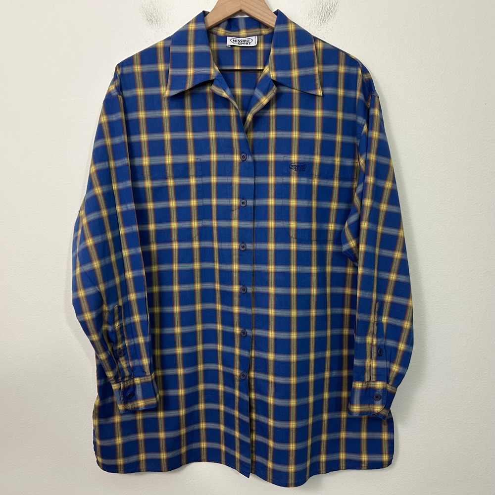 Missoni Sport Vintage Mens Blue Plaid Long Sleeve Button Up Shirt Size 42ge